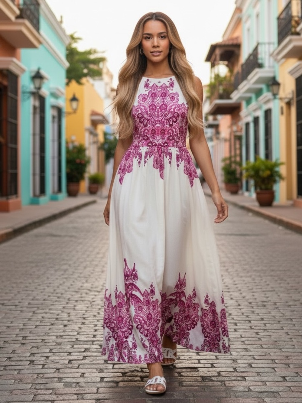 Venus Printed Linen Maxi Dress - Pink Paisley Border l